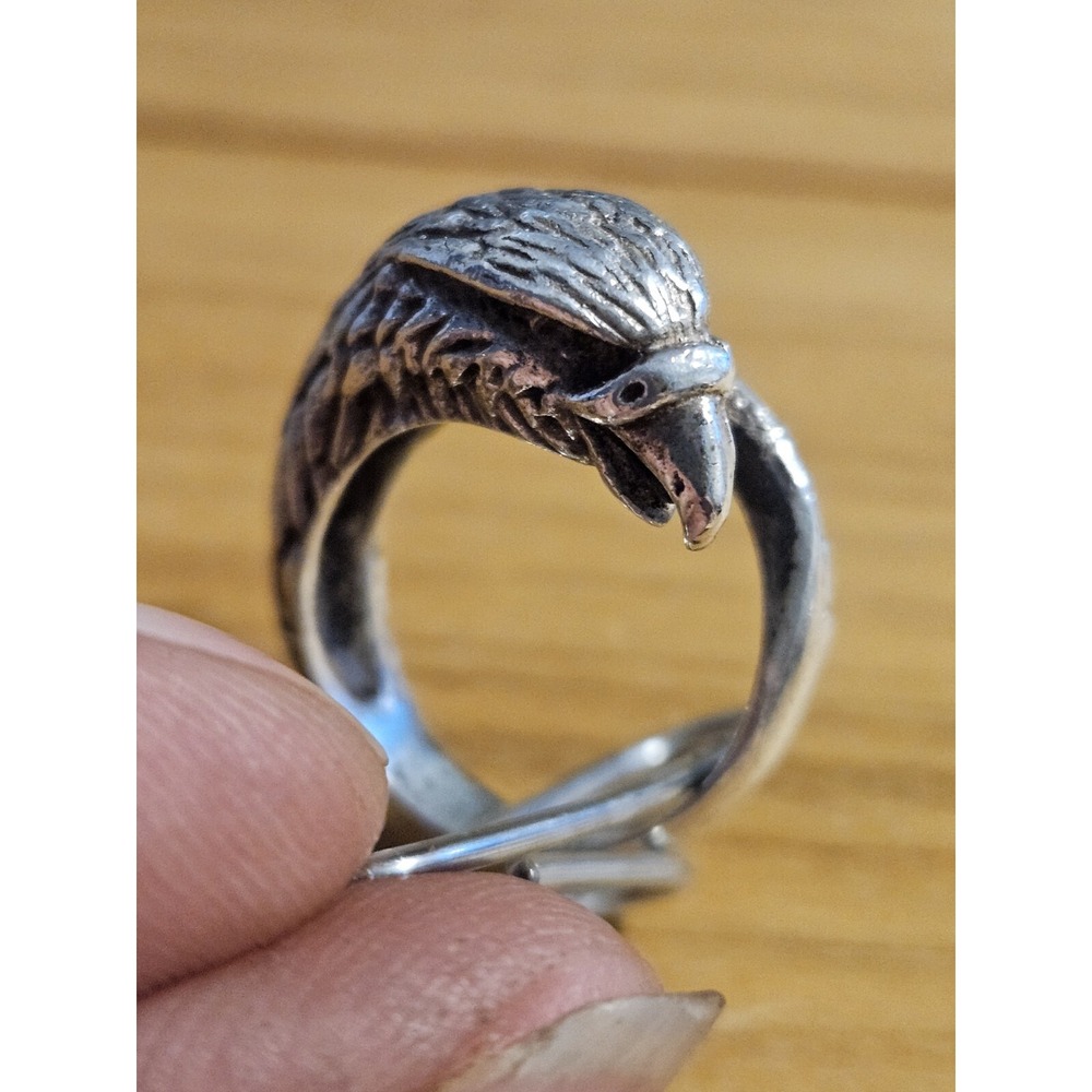 925 Sterling Silver Wrap Eagle Hawk Bird Ring Size 5.5 3D Figural Feather